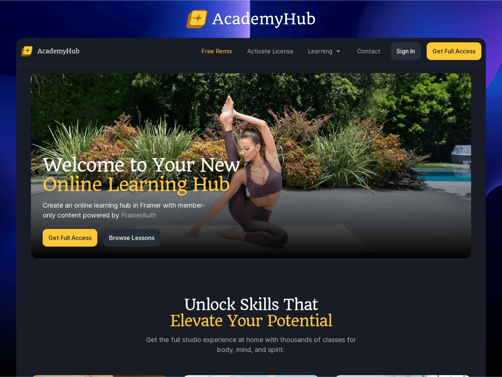 AcademyHub online learning website design featuring a yoga instructor and dark UI.