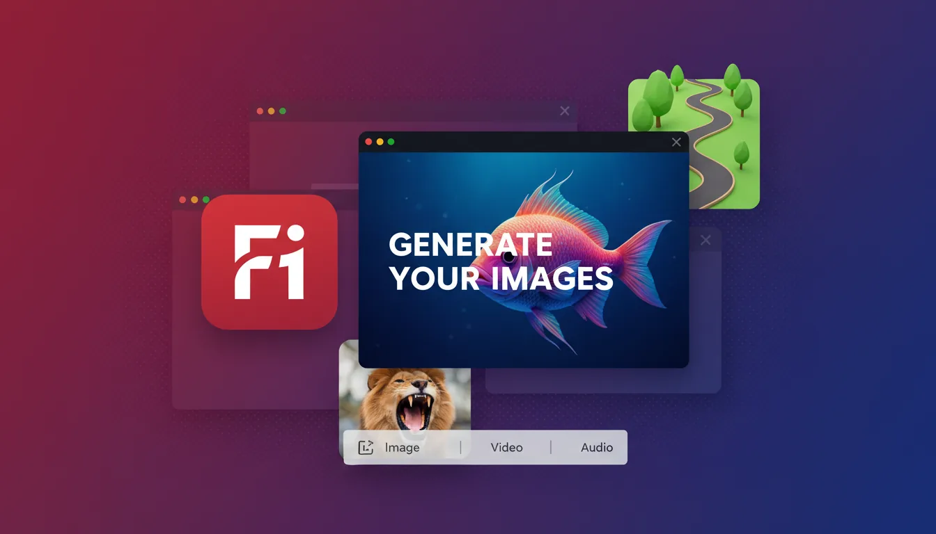 SaaS product graphic featuring the Adobe Firefly software interface, presented in a clean, layered composition. The central element is a Modern Dark Mode UI window with a vibrant image of a colorful fish and large white placeholder text. To the left is a prominent, vibrant red app icon with a stylized white 'Fi' symbol. Other UI elements are layered around the main window, including a photograph of a roaring lion and a 3D render of a cartoon road scene. A light-colored UI bar with placeholder icons and text for 'Image', 'Video', and 'Audio' is positioned centrally. The entire composition has soft drop shadows for depth, set against a background with a red-to-purple-to-blue gradient and a subtle halftone dot pattern.