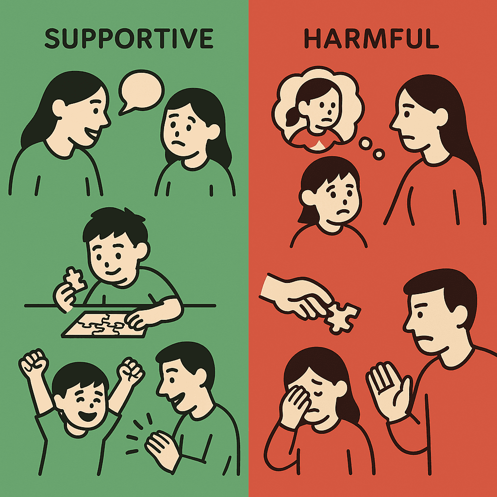 Alt text: Visual representation of do's and don'ts for building child confidence, showing positive and negative parenting approaches