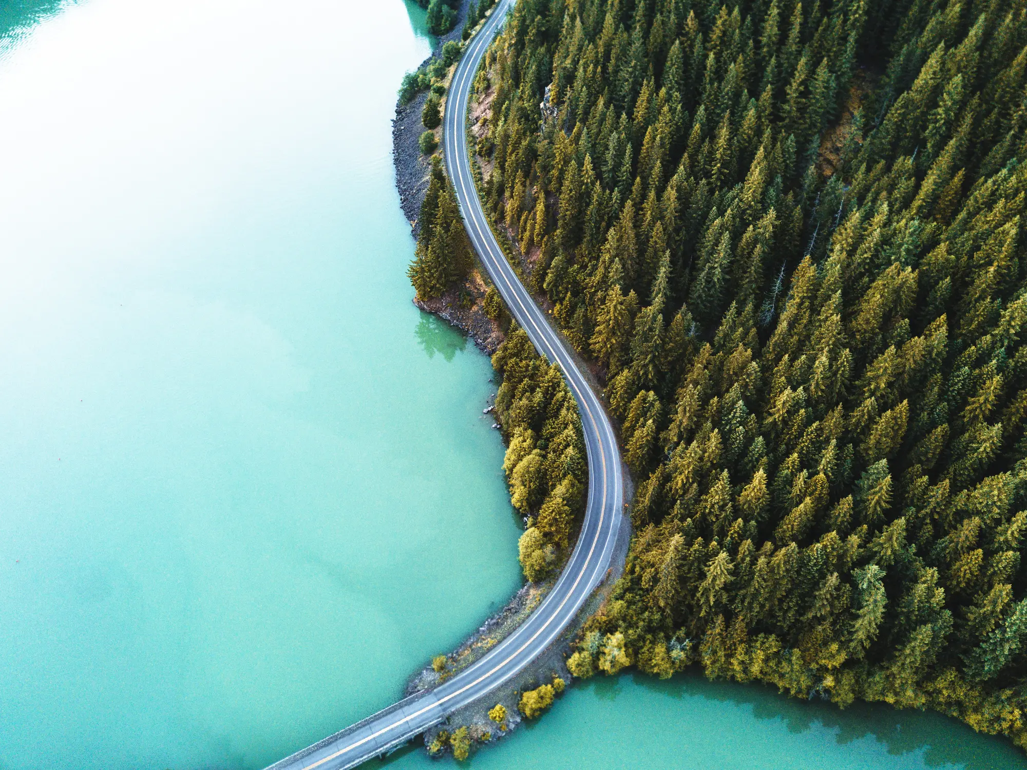 Aerial view of a winding highway through a forest beside a lake, used on GIA Group, LLC’s About page to represent the company’s focus on trucking, experience, and reliability.