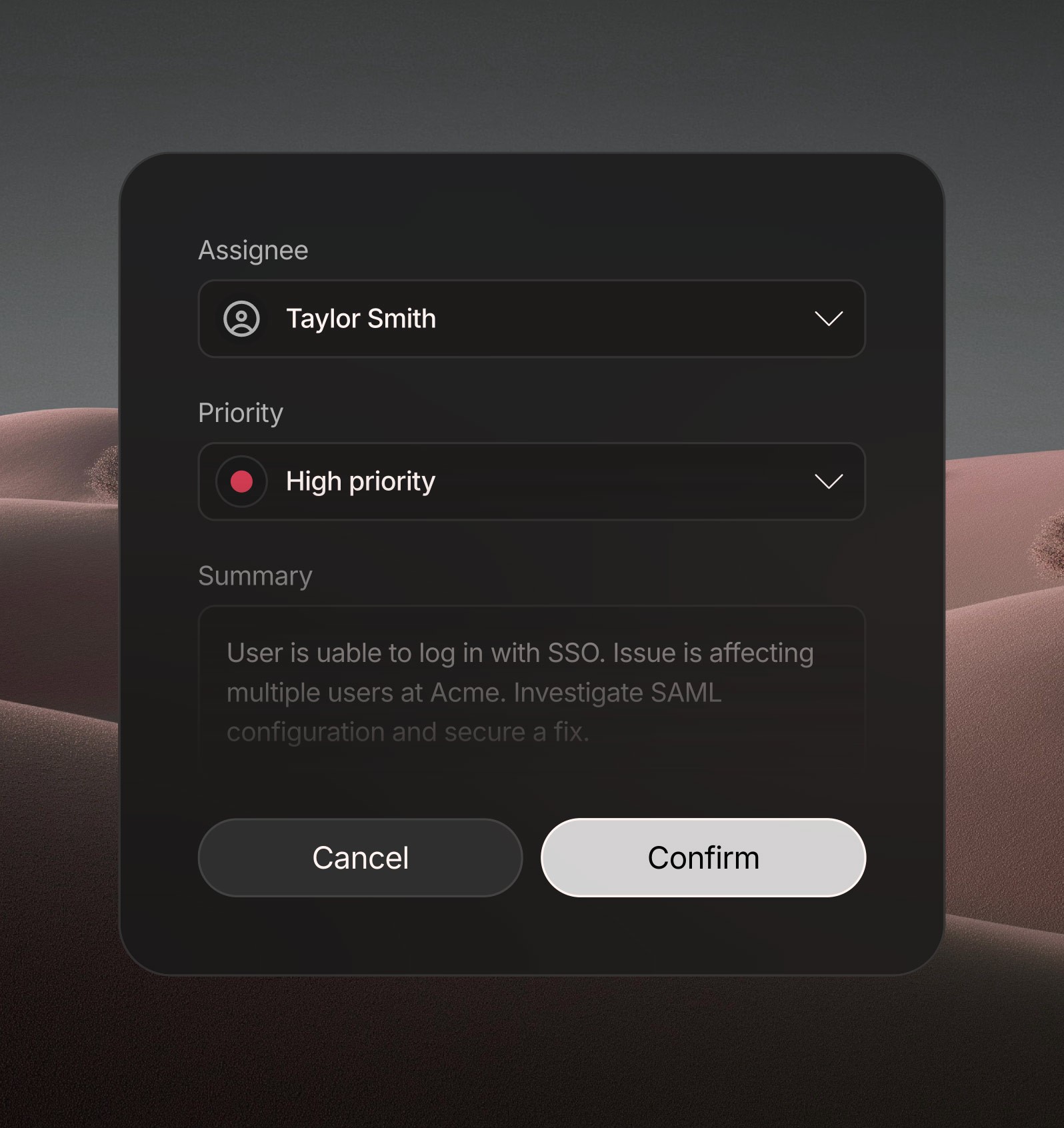 Feature section with a ticket creation modal (assignee, priority, summary fields) illustrating prompt-to-action workflows.