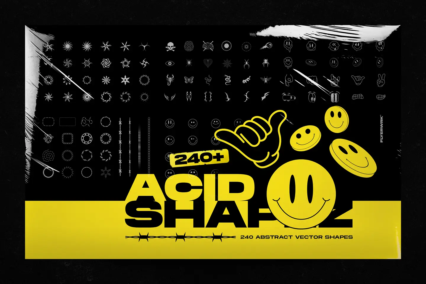 Y2K Abstract Acid Shapes vector pack preview with smiley icons and abstract symbols