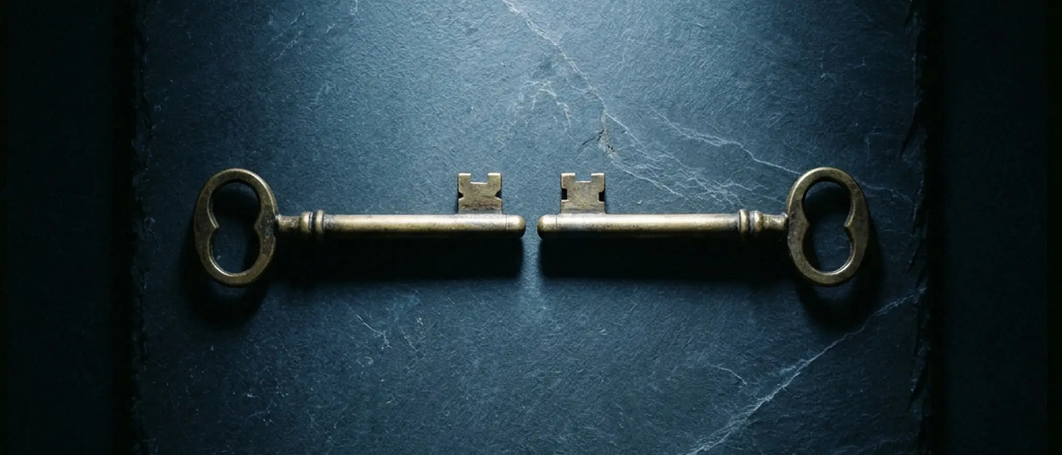 Two vintage keys lying apart on a dark surface.