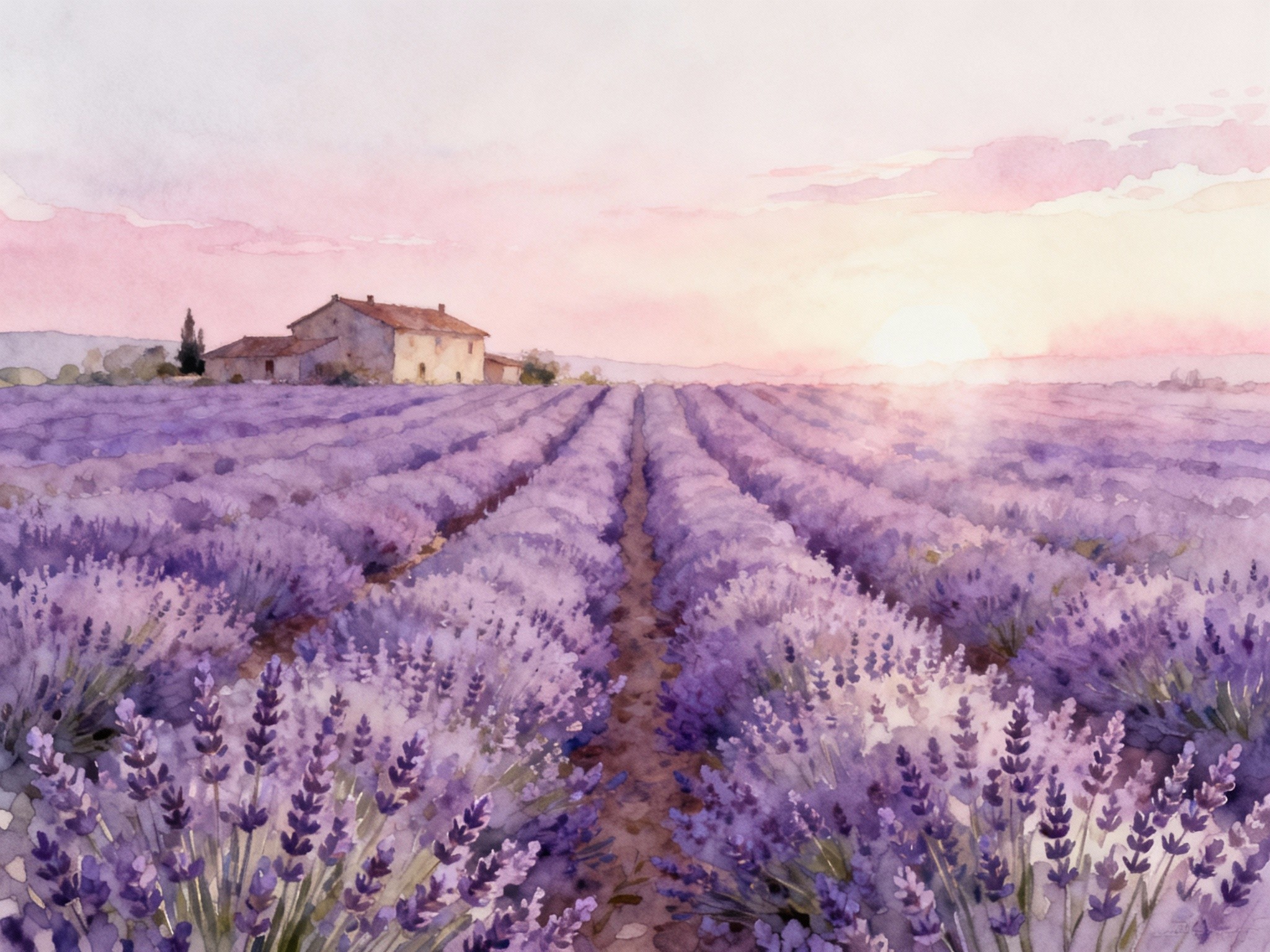 A fine-art illustrated composition of a sprawling lavender field under a pastel dawn sky, viewed