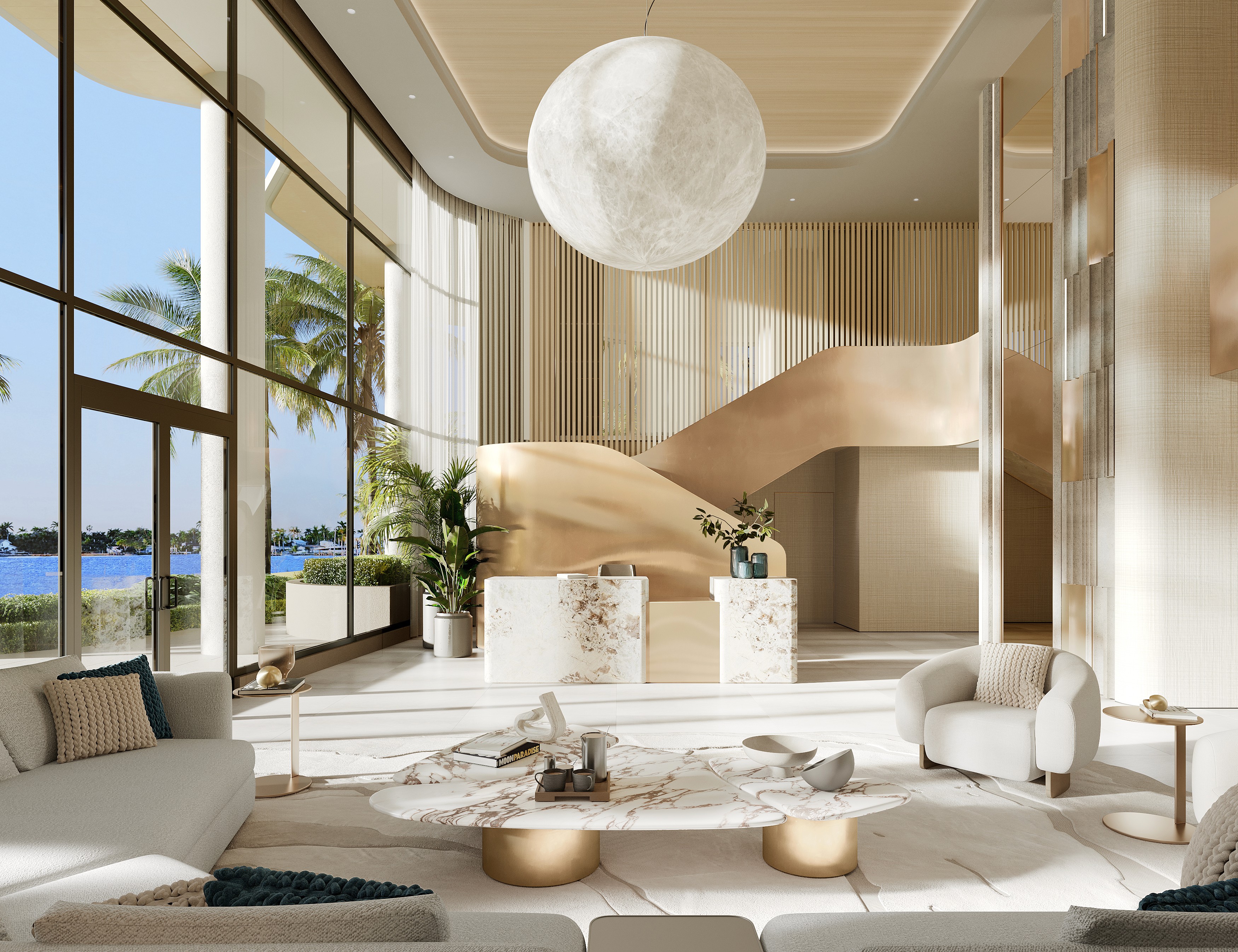 Expansive FL Beach condo lobby with custom moon-inspired chandelier, double height ceilings and floor-to-ceiling windows.