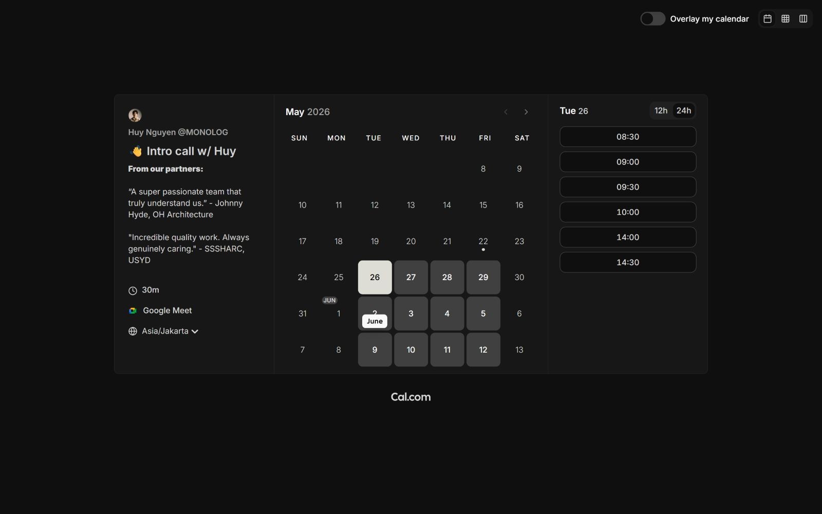 Dark-themed calendar interface with May 2026 visible. Event details on left, time slots on right. Text: "Intro call w/ Huy".