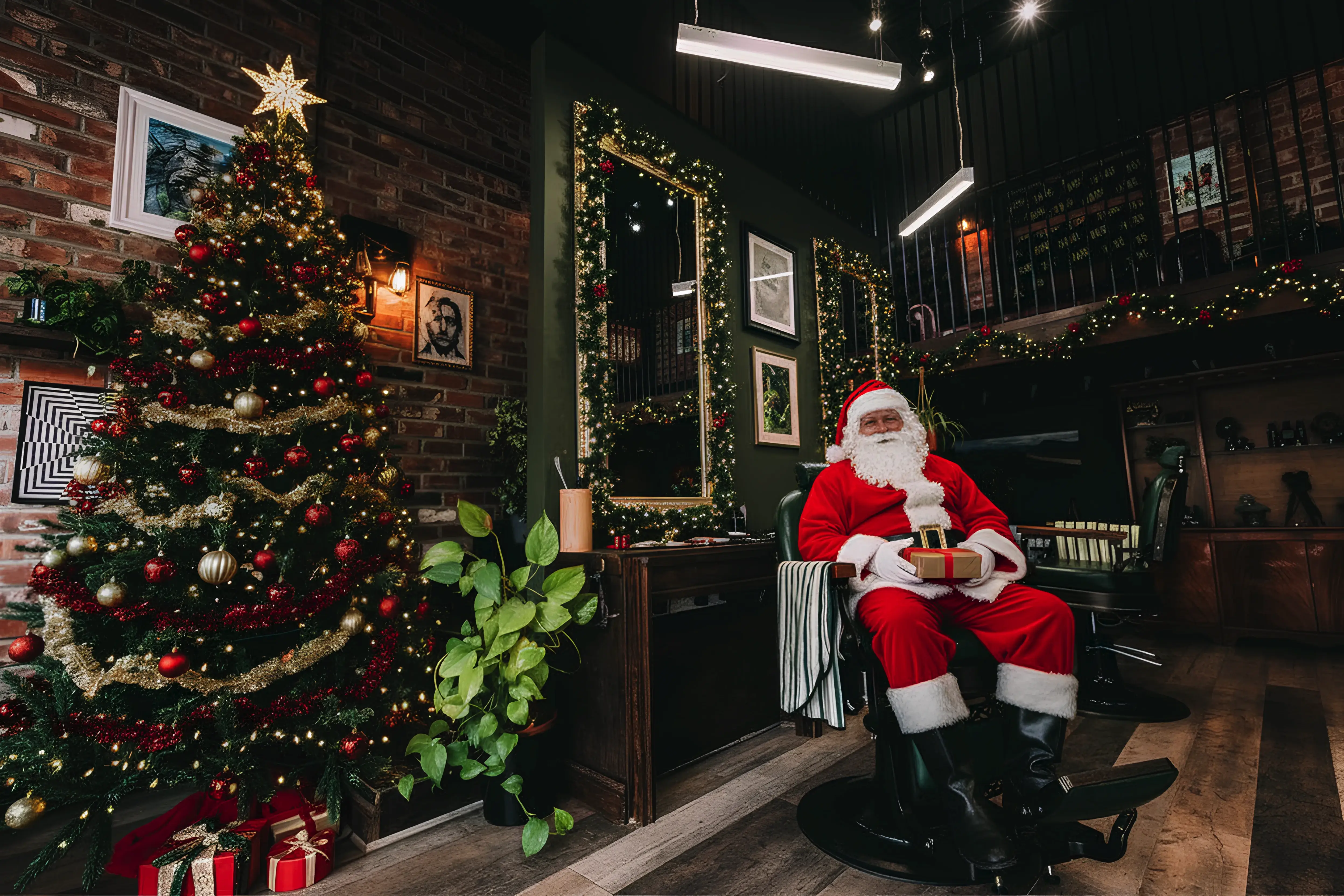 Fun image of Santa in fade barbershop.