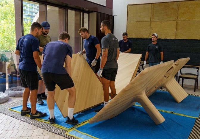 Assembling the four quadrants together on site by expert furniture handlers: Hunter + Co Transport