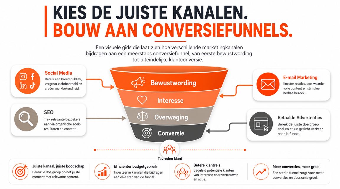 Een visuele gids over het bouwen van een marketing conversiefunnel met verschillende kanalen voor klantgroei.