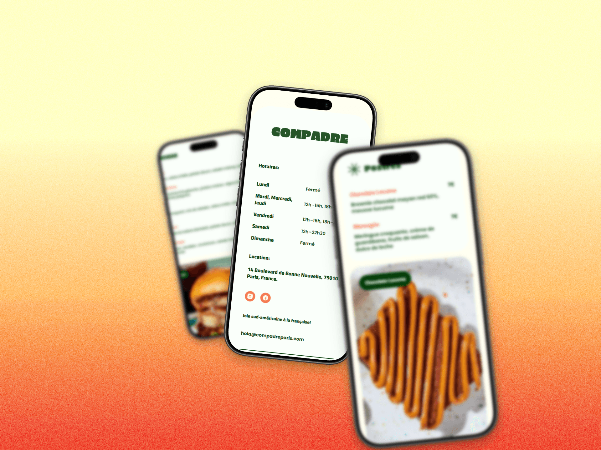 3 iPhones displaying the responsiveness of the website Compadre