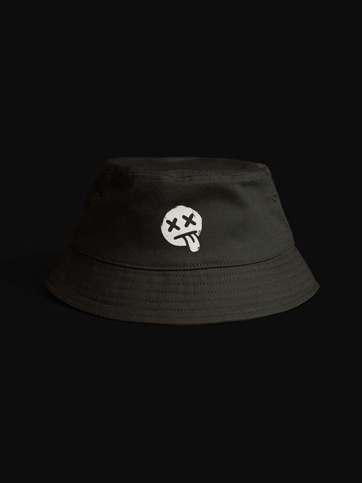 Black bucket hat floating against black, embroidered at the front with the distressed white Deadpan smiley face logo (X eyes, tongue out).