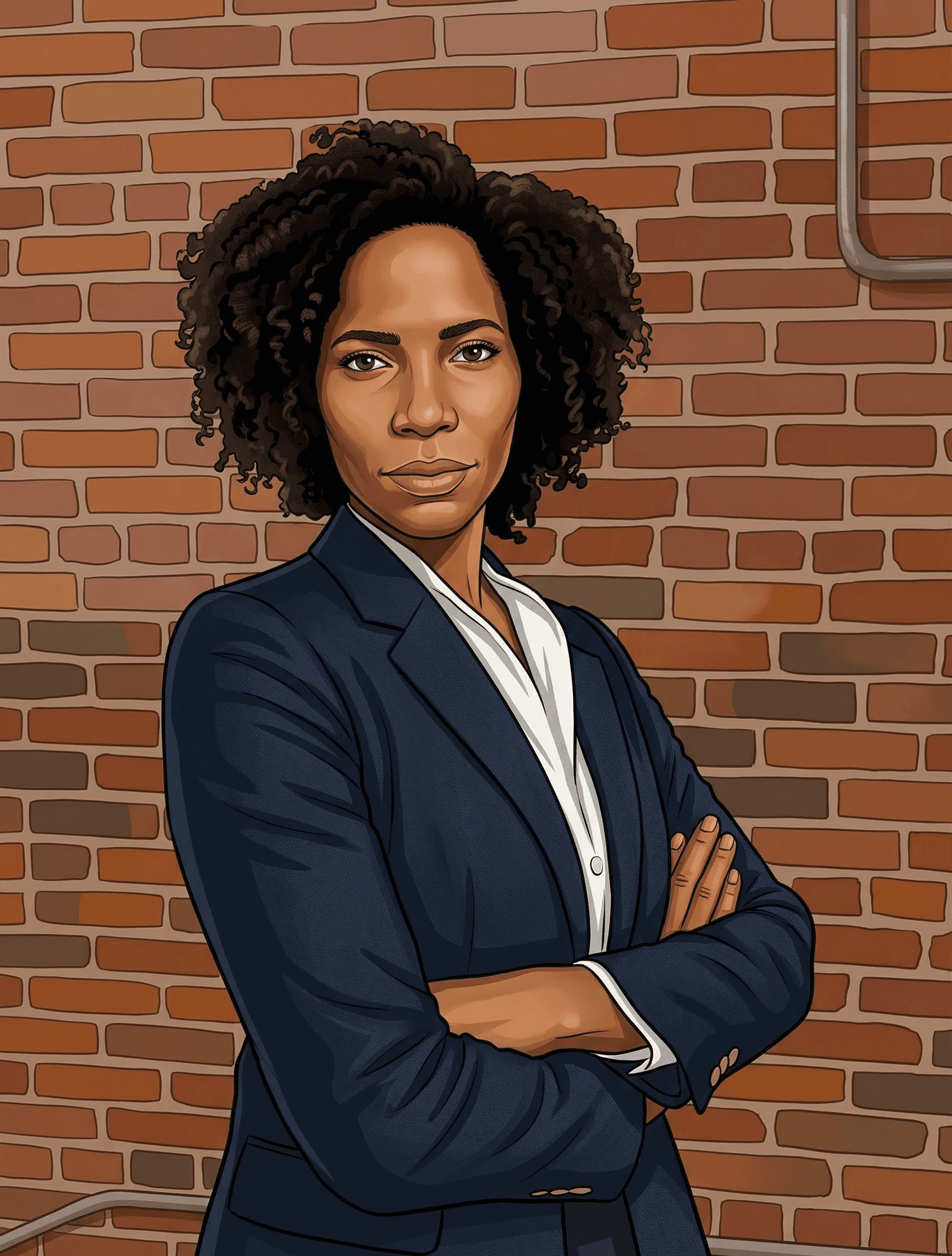 Illustrated headshot of Nadia Reeves with curly dark hair wearing a dark navy blazer and white shirt, standing with arms crossed against a brick wall background.