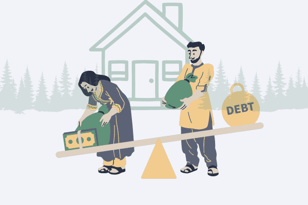 Man, Women balancing debt and finances