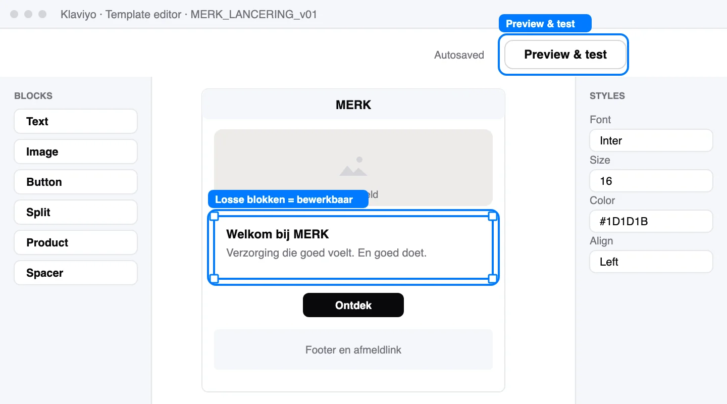 Schematische weergave: Losse blokken betekent bewerkbaar. Eén groot HTML-blok betekent: laat Astra herbouwen.