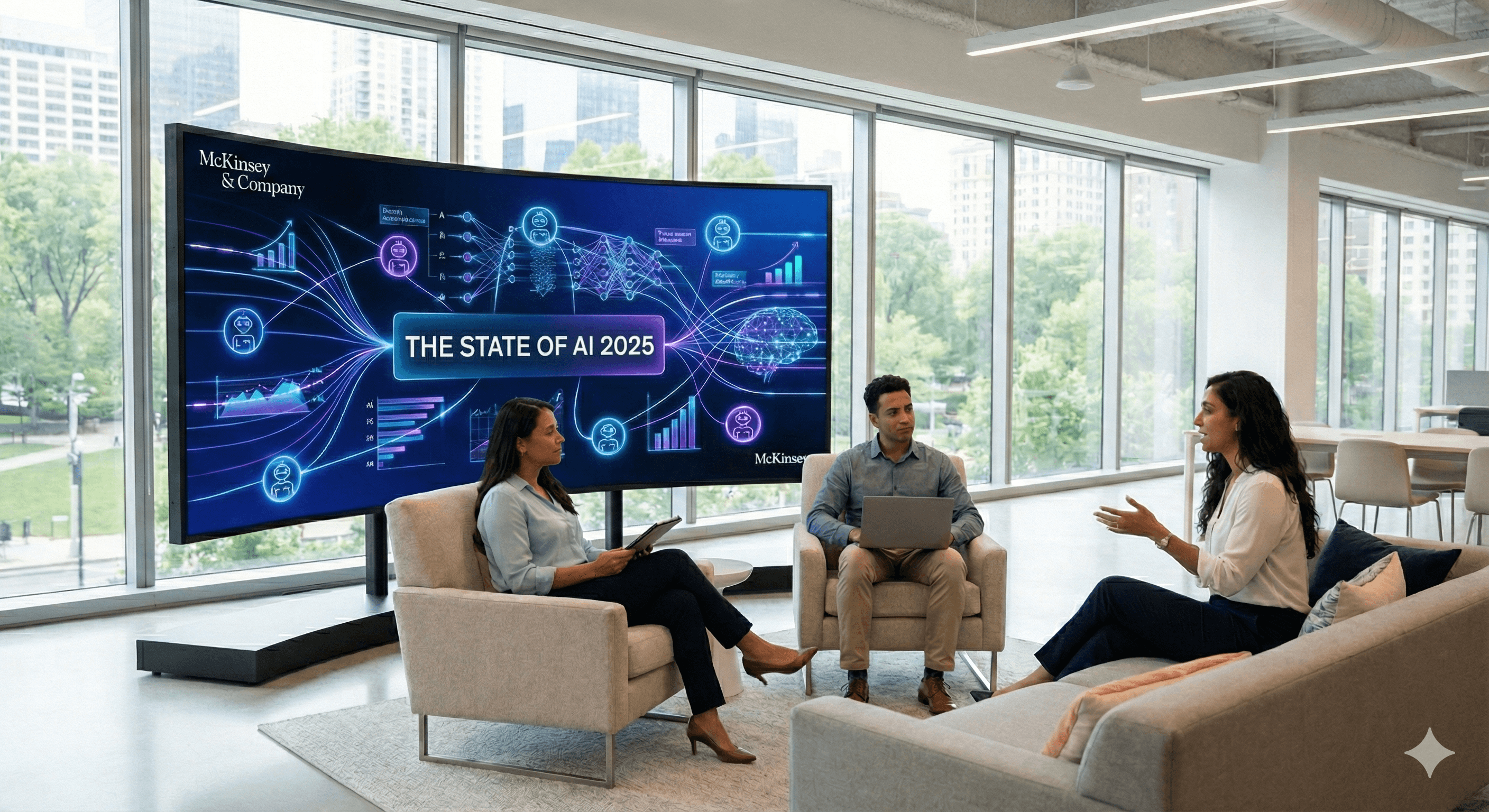 Three people are engaged in a discussion in a modern office setting, with a large screen displaying "The State of AI 2025" by McKinsey & Company, showcasing a digital network graphic in the background.