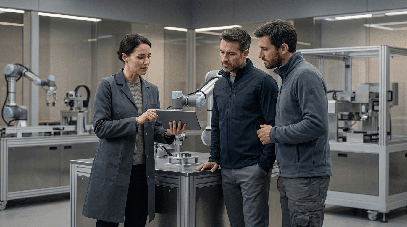 Tech consultant with engineers in robotics lab