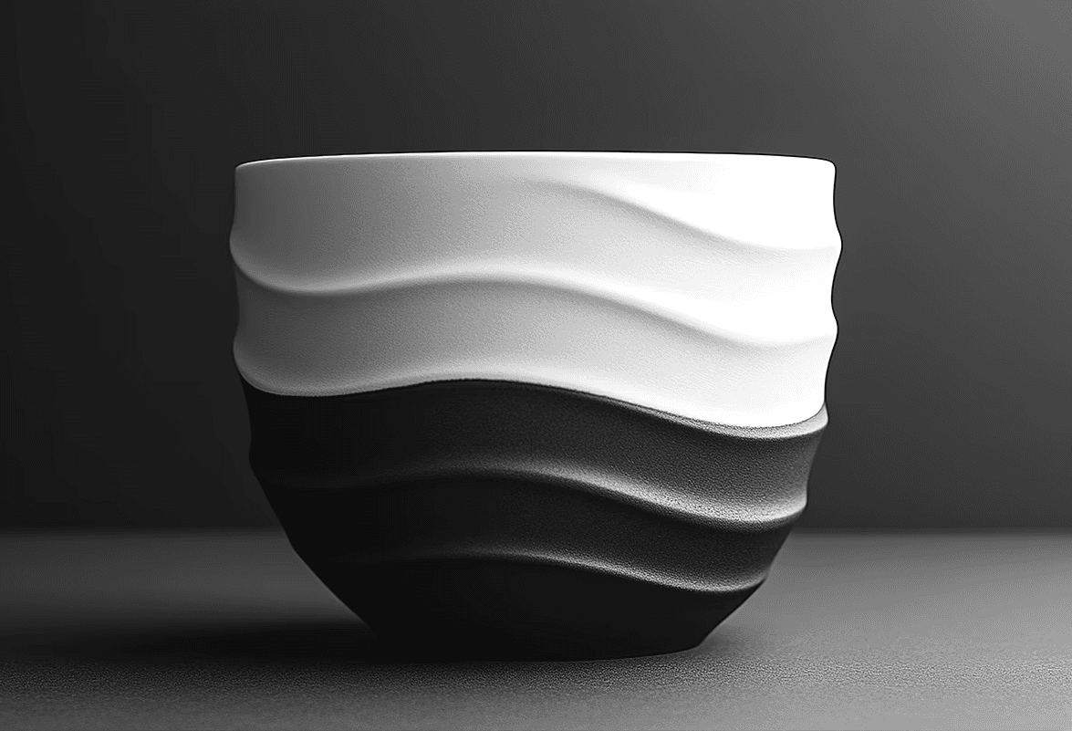 A black and white ceramic bowl with a unique wavy stripe pattern.
