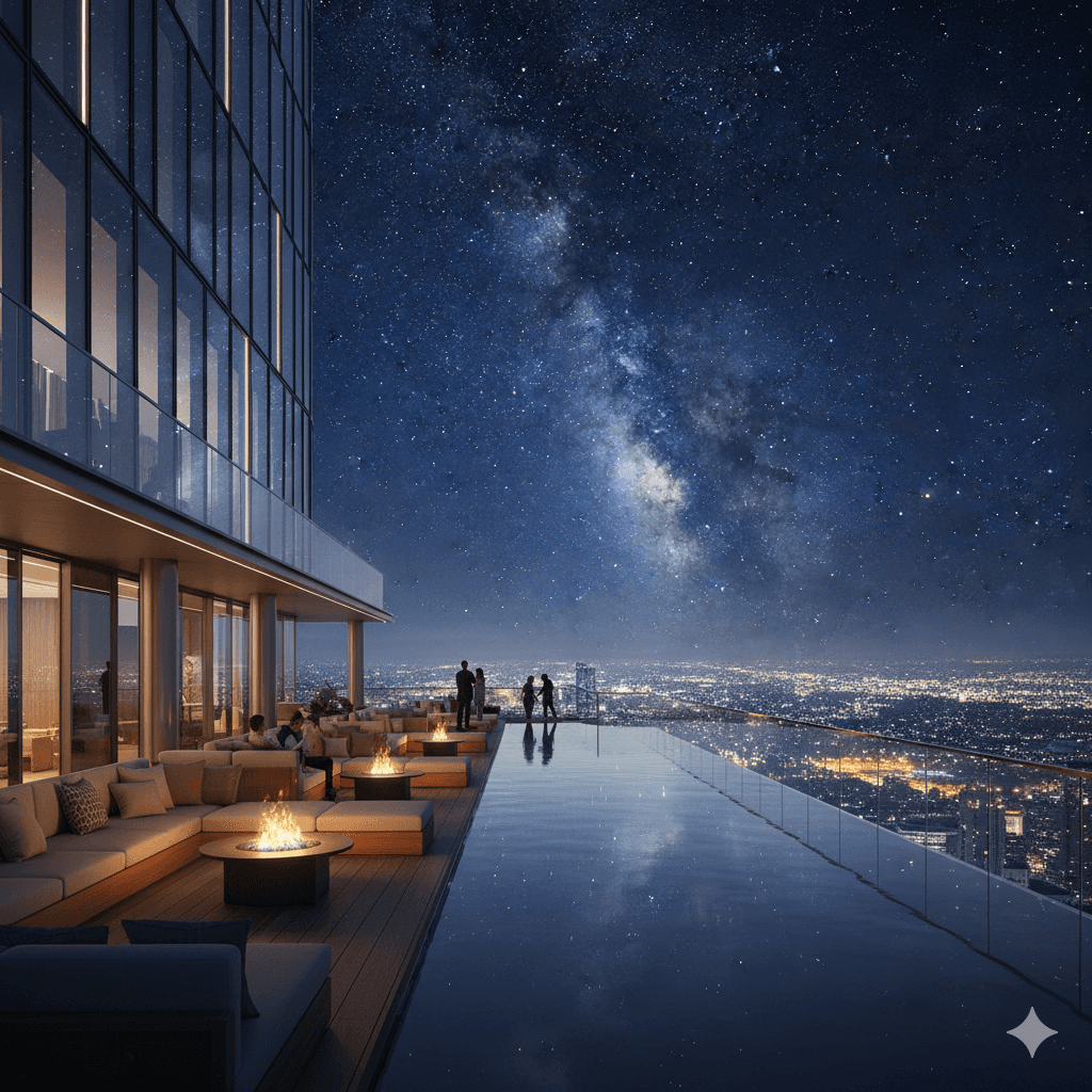 Rooftop sky deck with infinity pool and city night view