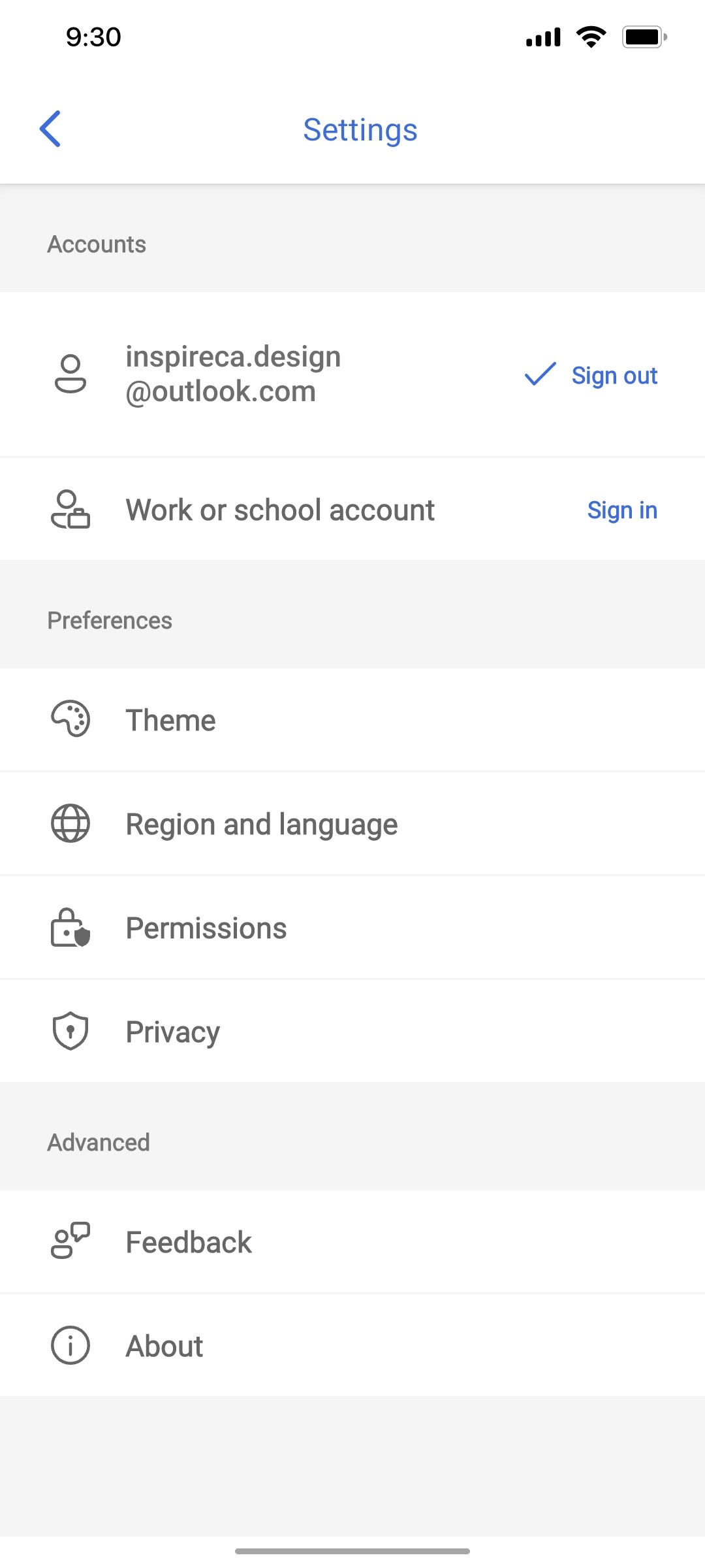 Microsoft Settings screen