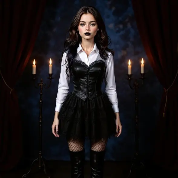 A hyper-realistic goth girl AI Barbie with black lace dress