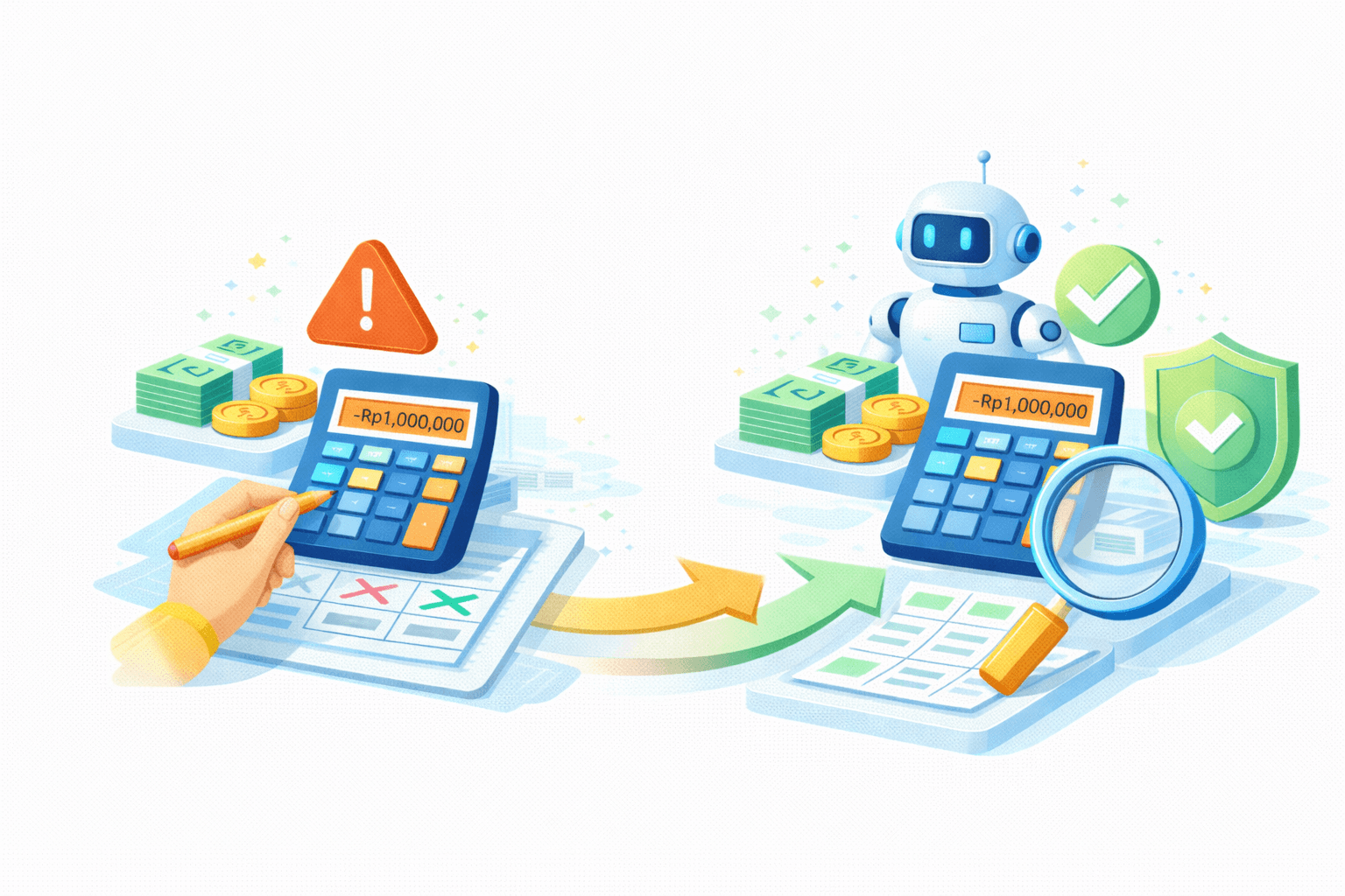 Ilustrasi peralihan dari perhitungan manual berisiko ke validasi otomatis berbasis AI. Di sisi kiri, tangan manusia menggunakan kalkulator menunjukkan nilai −Rp1.000.000 dengan ikon peringatan dan tanda silang pada lembar kerja, menandakan kesalahan/risiko finansial. Uang tunai dan koin berada di sekitarnya. Panah transisi kuning–hijau mengarah ke kanan.  Di sisi kanan, AI/robot assistant berdiri di belakang kalkulator dengan nilai yang sama −Rp1.000.000, namun disertai kaca pembesar, perisai hijau bertanda centang, dan indikator persetujuan, menandakan review, validasi, dan kepatuhan. Tumpukan uang dan dokumen tervalidasi menunjukkan hasil yang aman, akurat, dan compliant melalui otomasi AI.