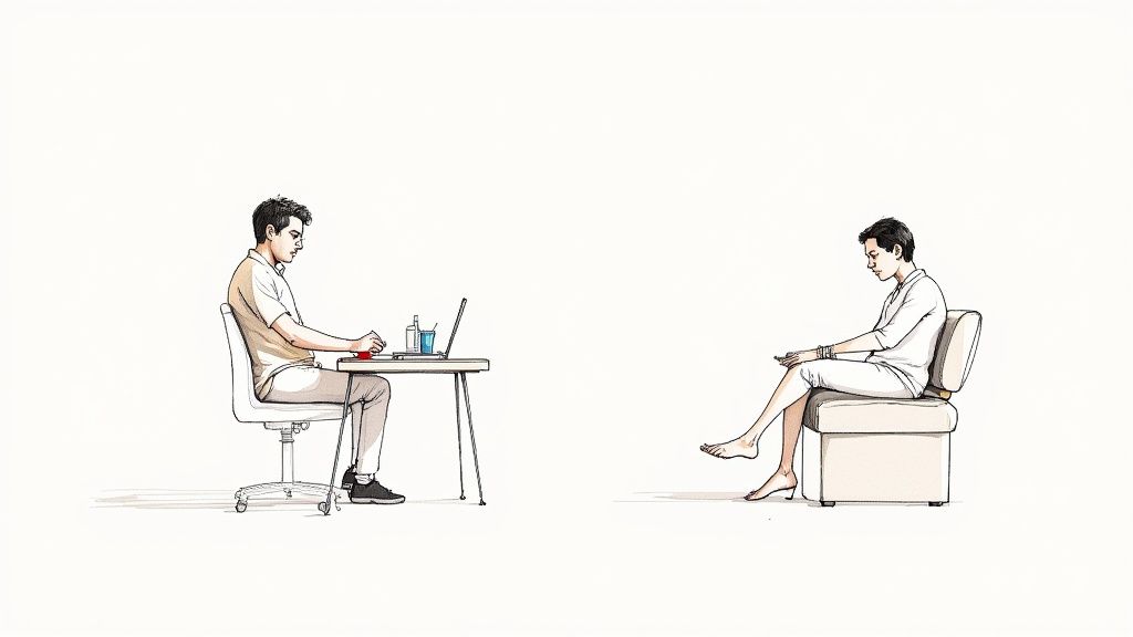 Dos profesionales trabajando en computadora y tablet en espacios de trabajo separados