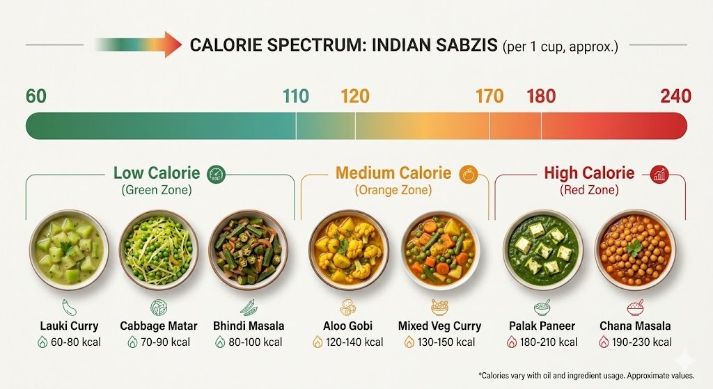 An infographic chart showing the calorie spectrum of various Indian sabzis per 1 cup. It is categorized into Low Calorie Green Zone (Lauki Curry, Cabbage Matar, Bhindi Masala), Medium Calorie Orange Zone (Aloo Gobi, Mixed Veg Curry), and High Calorie Red Zone (Palak Paneer, Chana Masala) with approximate calorie ranges for each dish.