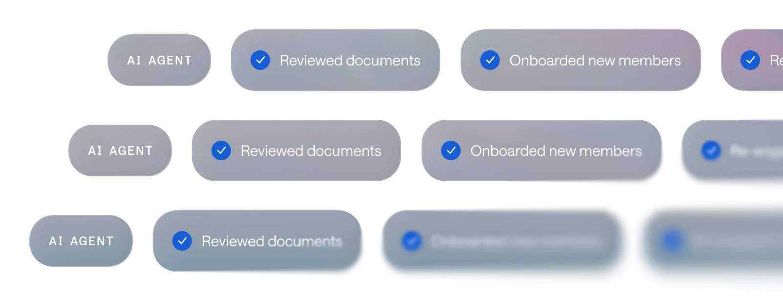 Multiple semi-transparent gray message bubbles illustrating AI agent tasks like reviewing documents and onboarding new members.