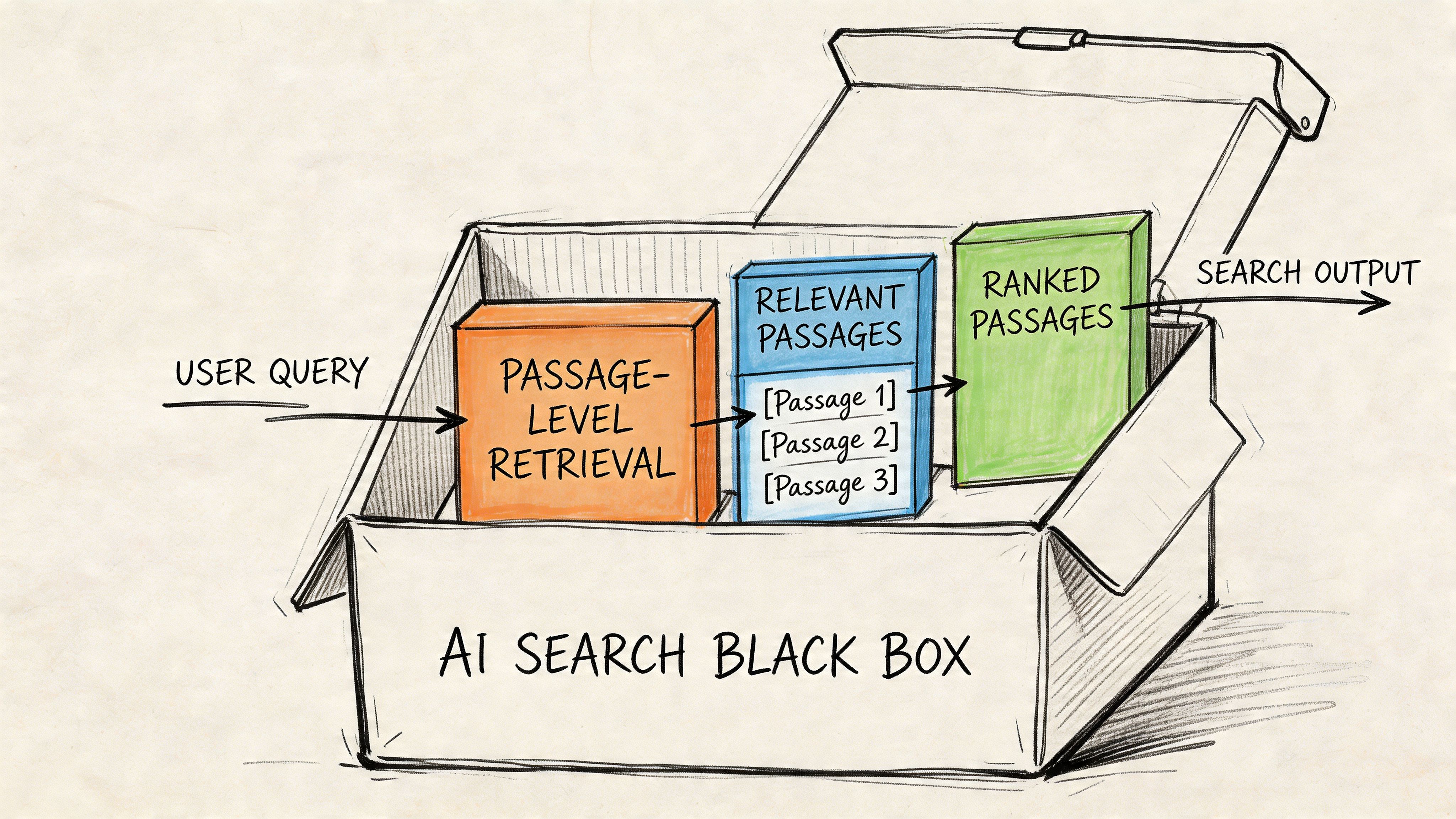 A hand-drawn illustration showing the internal process of an AI search black box including retrieval and ranking.