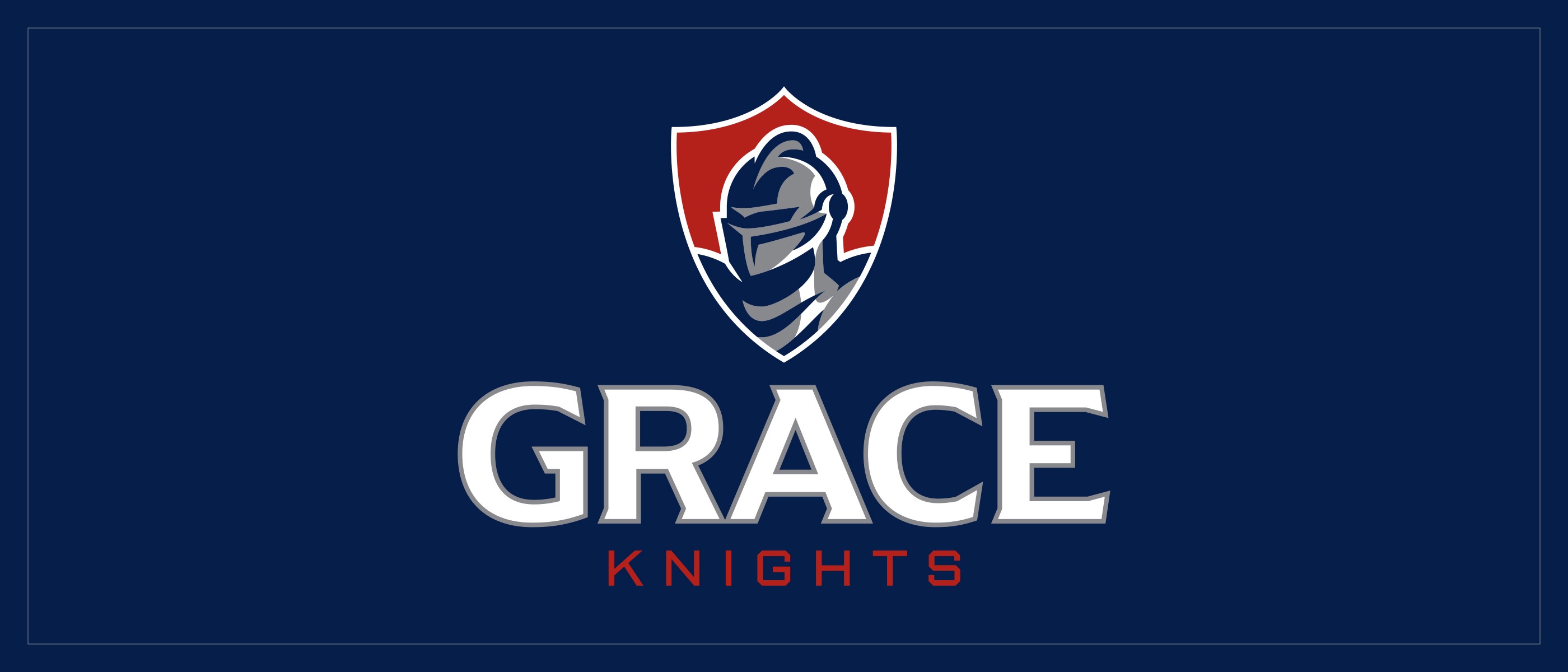 Grace Academy knight head logo + wordmark on blue background.