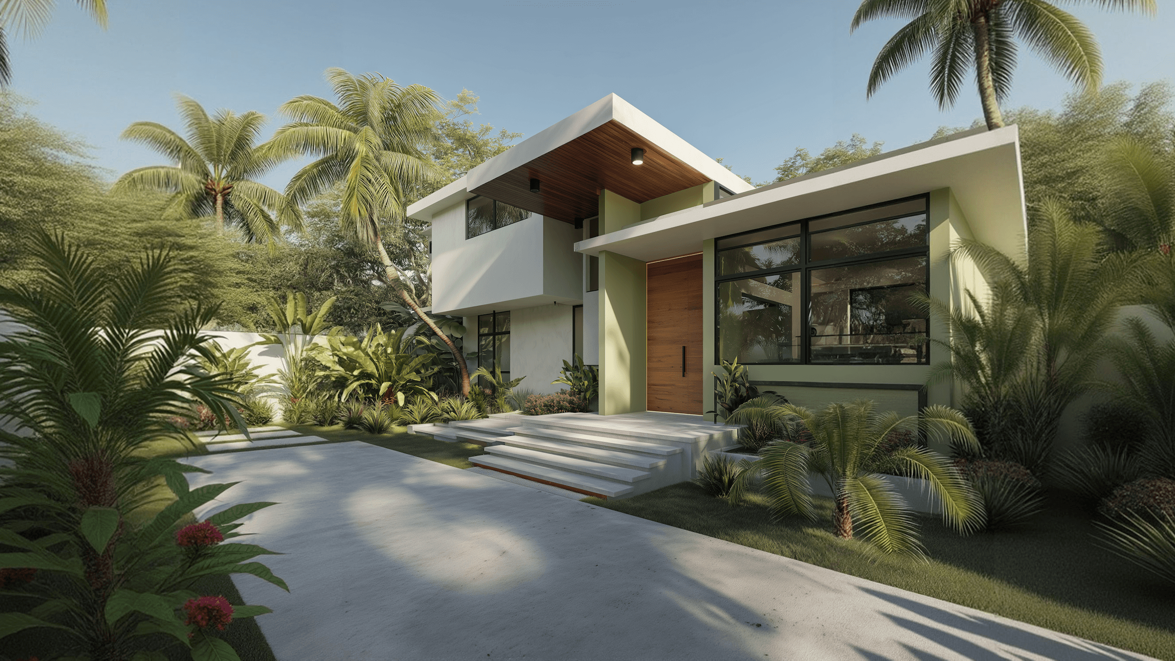 A modern house surrounded by lush greenery and palm trees, featuring a welcoming entrance path.