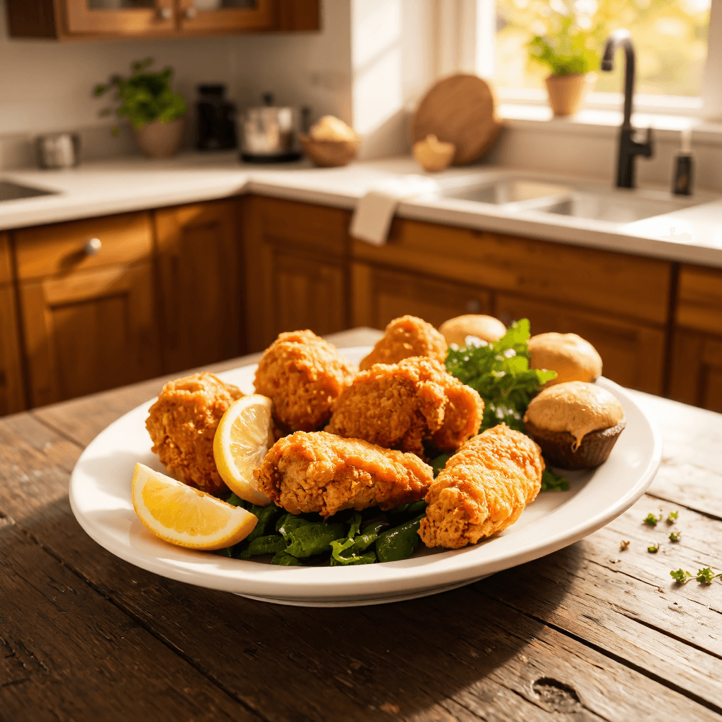 product photography of plate of fried chicken with sides