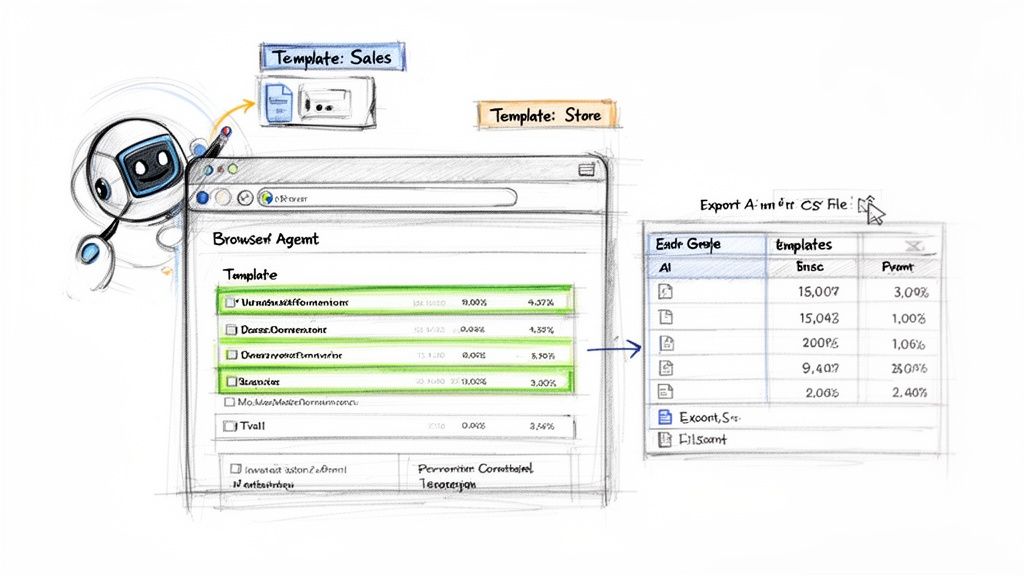 A friendly robot interacts with a browser agent window showing data extraction templates and export options.