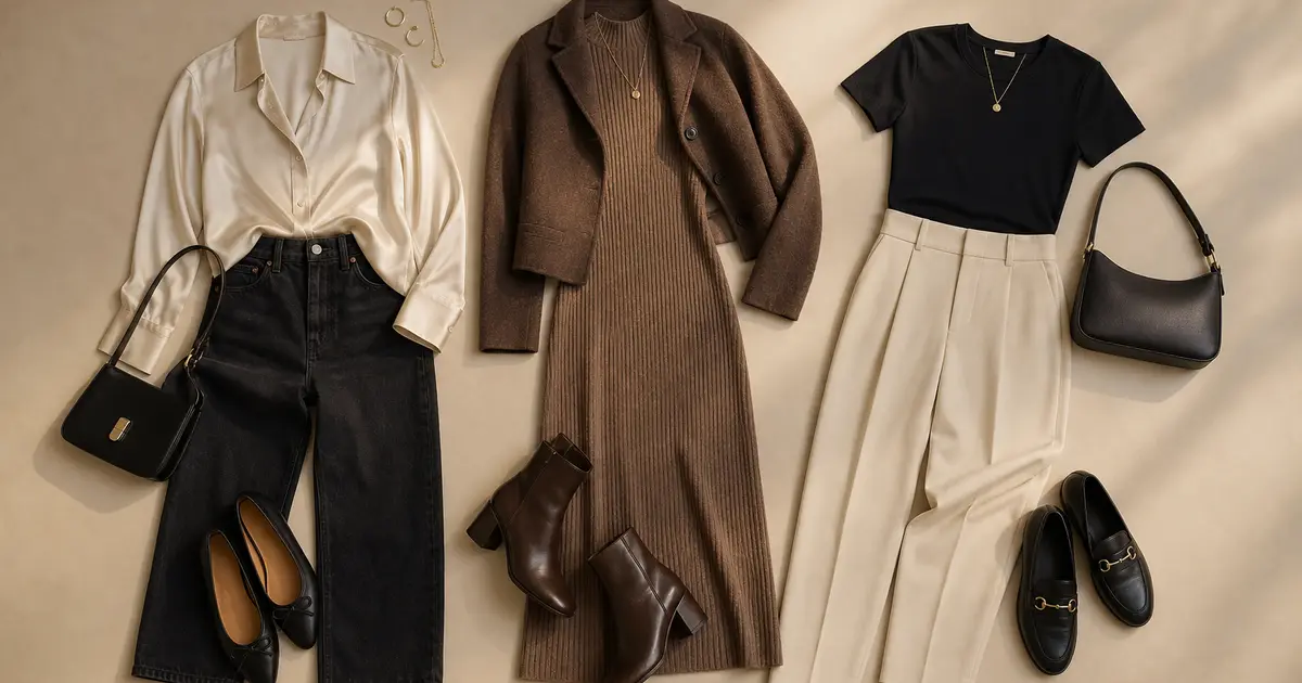 Three relaxed first-date outfits with dark jeans and a silky shirt, knit dress and boots, and tailored trousers with a fitted tee
