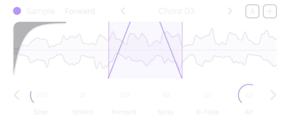 Sample engine: Chord 03 one-shot, loop region in the middle, fade-in, Scan and Air modulated