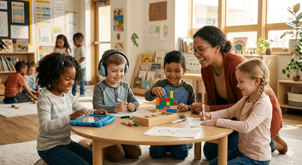 A high-quality, cinematic shot of a diverse group of children sitting in a bright, modern, and inclusive classroom. One child is using a colorful tablet, another has noise-canceling headphones, and they are all engaged in a collaborative activity with a smiling teacher. Warm, natural sunlight, soft bokeh background, optimistic and uplifting atmosphere.