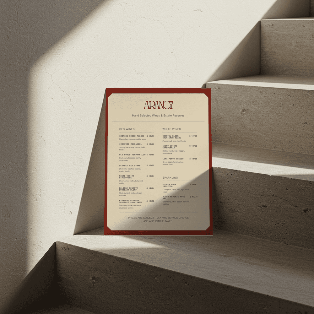 Menu mockup highlighting the refined typography and warm color palette in a modern, architectural setting.