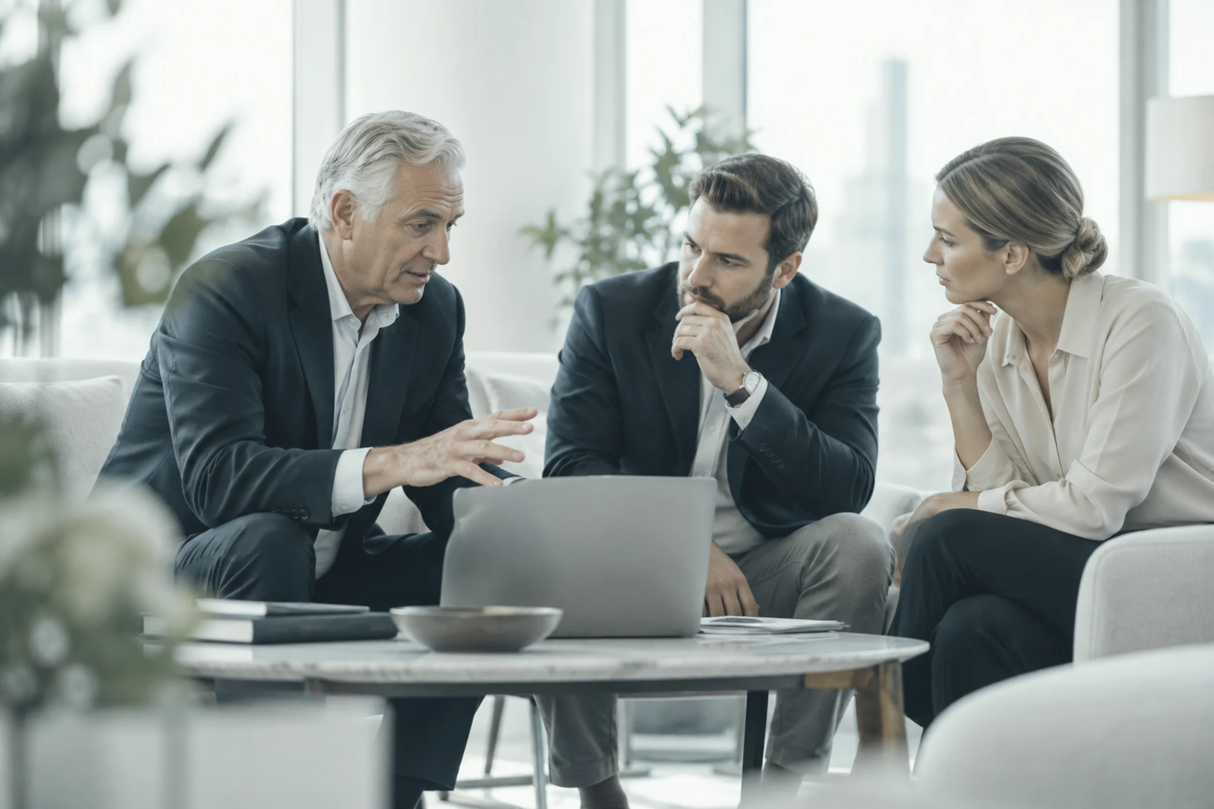 Three investors discussing a laptop on lounge sofas
