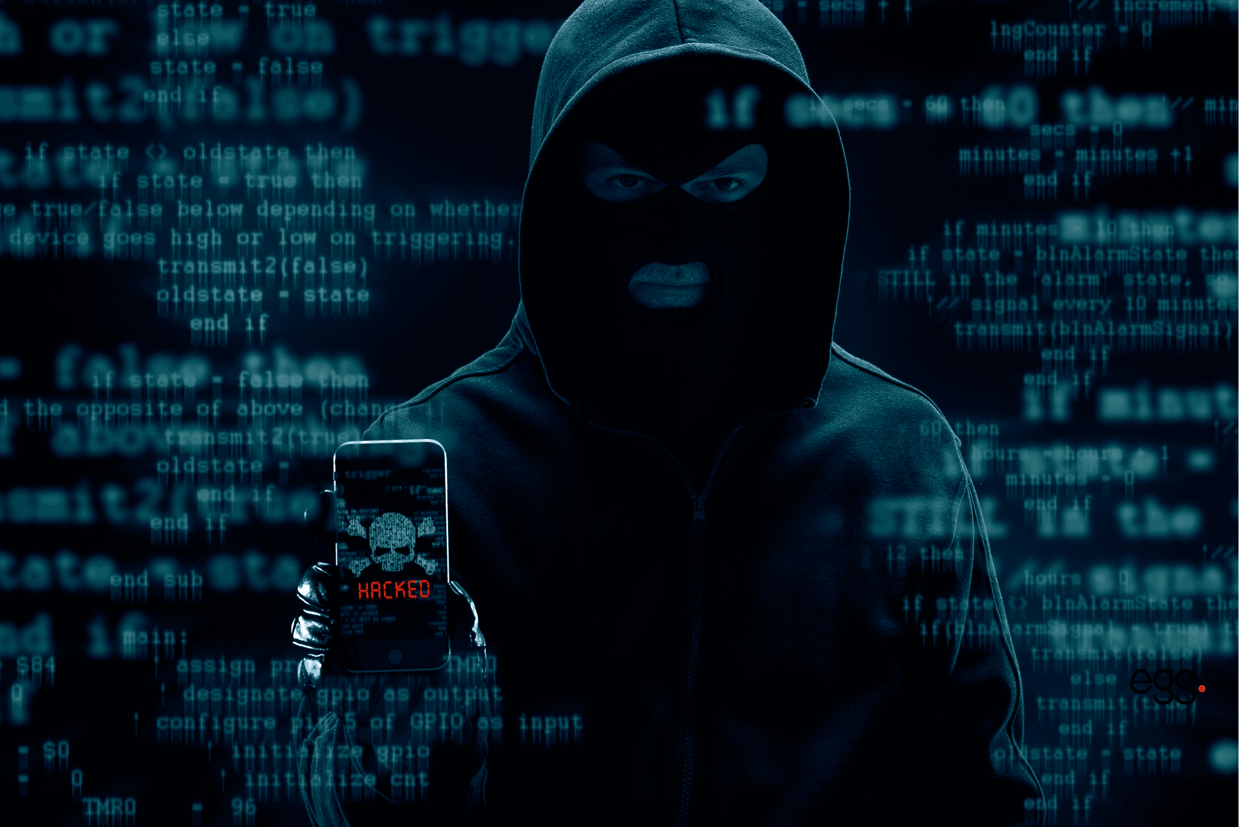 A hacker in a dark hoodie holding a smartphone displaying a 'Hacked' warning, symbolizing security vulnerabilities of outdated websites.