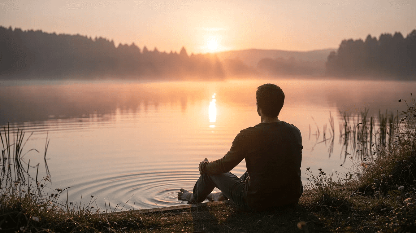 A person sits peacefully by a serene lake at sunrise, reflecting on their life and investments. This moment of tranquility evokes thoughts of building a diversified portfolio and the importance of financial confidence for future growth and security.