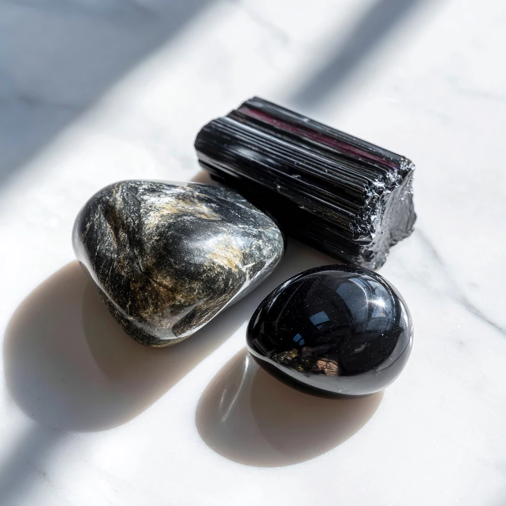 Three black stones on a white marble surface in natural light — a tumbled black onyx, a raw striated black tourmaline chunk, and a polished black obsidian sphere.