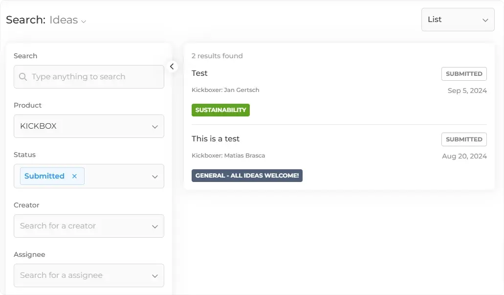 Screenshot of an idea search page showing submitted ideas with filters for product, status, creator, and assignee.