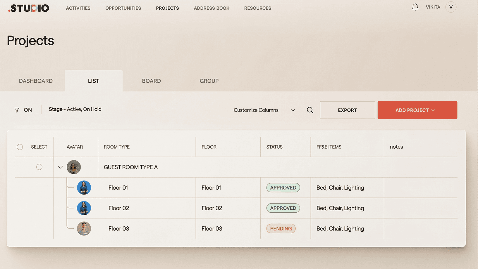 Interior design procurement platform dashboard view with list of rooms. Approved and pending statuses shown.