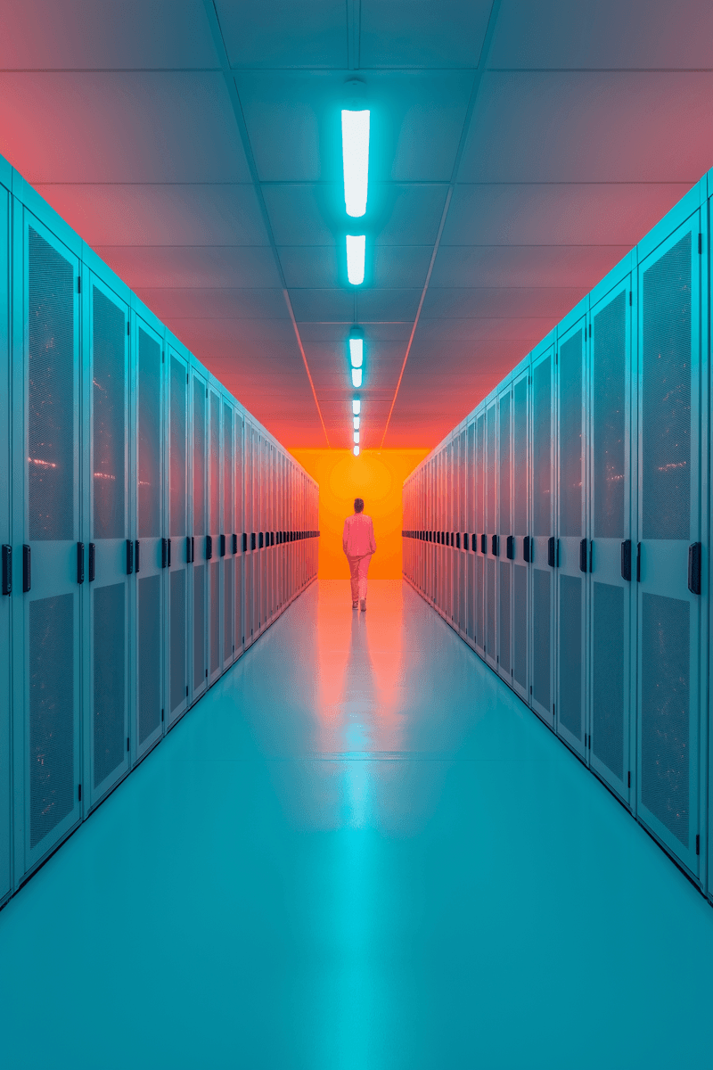 A person walks through a futuristic data center corridor illuminated by vibrant blue and orange lights, flanked by towering server racks on either side.