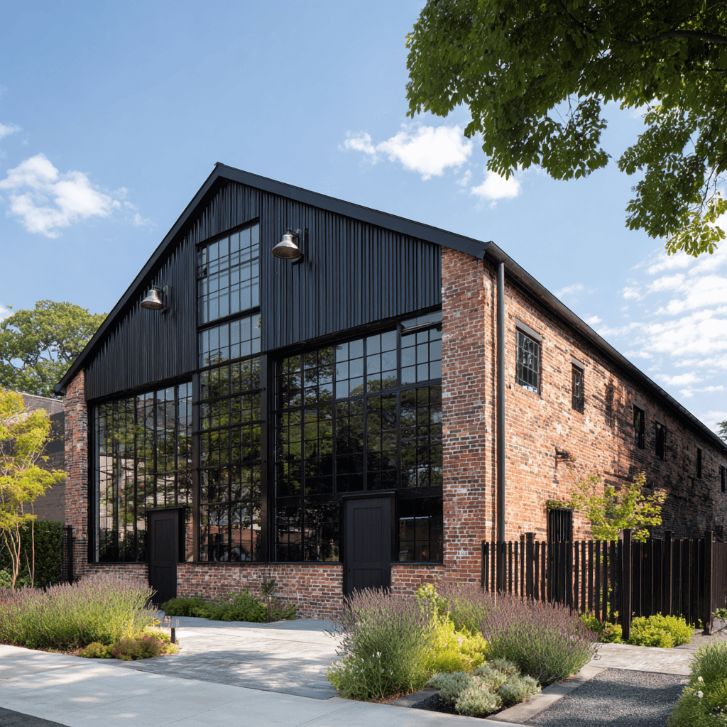 Modern brick apartment courtyard at dusk with stone paths, lush planters, and glowing lights.