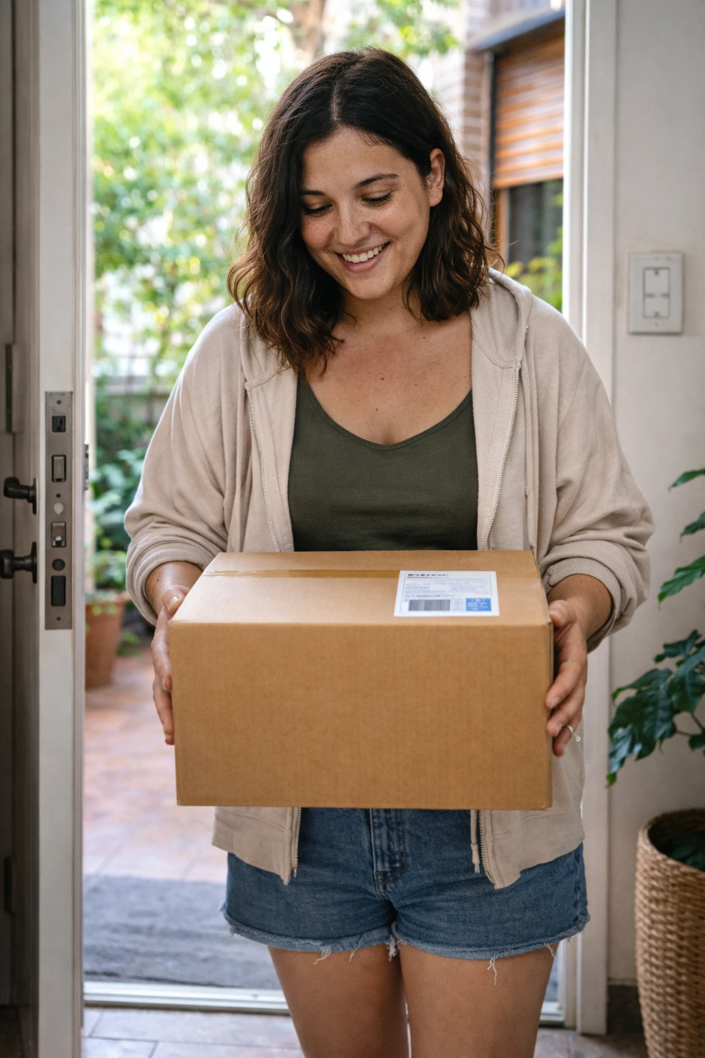 Una mujer sonriente recibe un paquete de cartón en la puerta de su casa, reflejando la satisfacción de realizar pedidos internacionales con éxito. Utilizar la TakeCard de Takenos es una de las mejores opciones para comprar en Shein desde Argentina de forma segura y sin complicaciones con los pagos