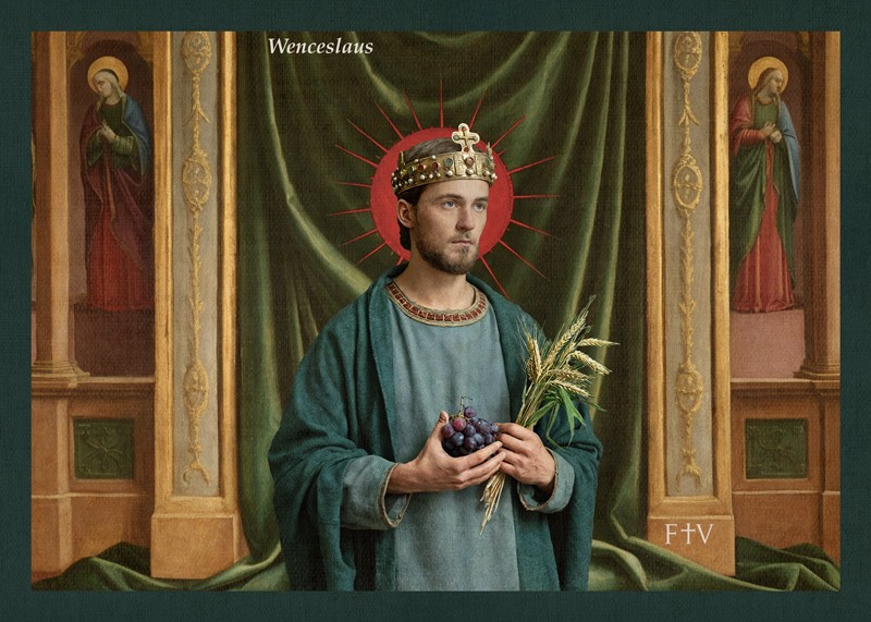 Sacred artwork by Faith and Verse. © Faith and Verse, 2025. All rights reserved. Traditional Catholic art postcard featuring Saint Wenceslaus in devotional portrait style.