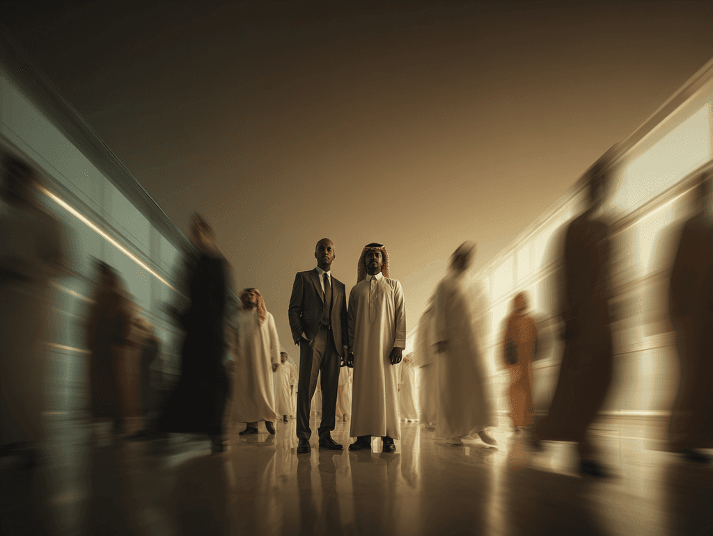 Arab businessman in traditional thobe and foreign executive in suit standing confidently in futuristic corporate corridor with city skyline at night.