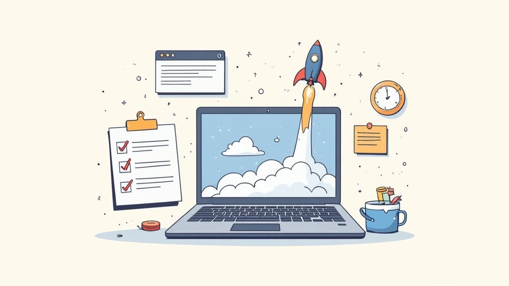 A laptop with a rocket launching from its screen, surrounded by work tools, symbolizing startup or project launch.