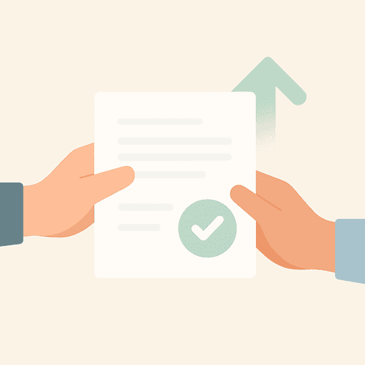 Hands exchanging an offer document with a checkmark and subtle upward arrow.